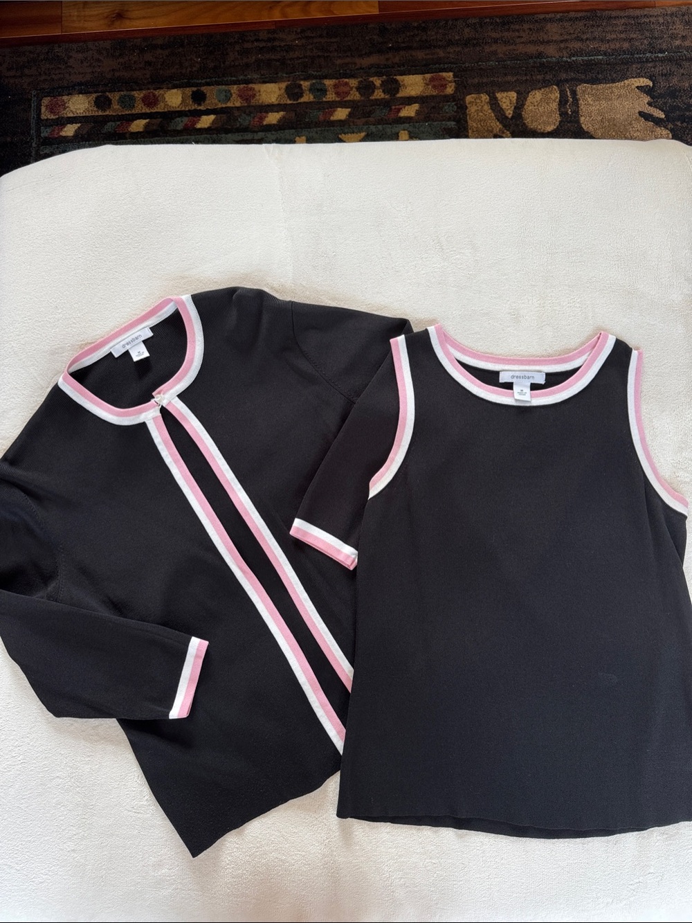 dressbarn Black Sweater & Shell Set with Pink and White Trim